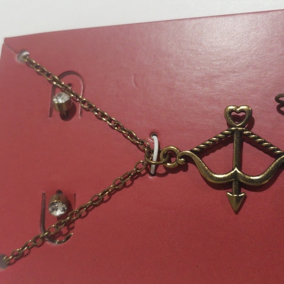 Bronze Cupid Bow Necklace with Heart & Key Charms | Earrings Set Women's Jewelry - Picture 5 of 8